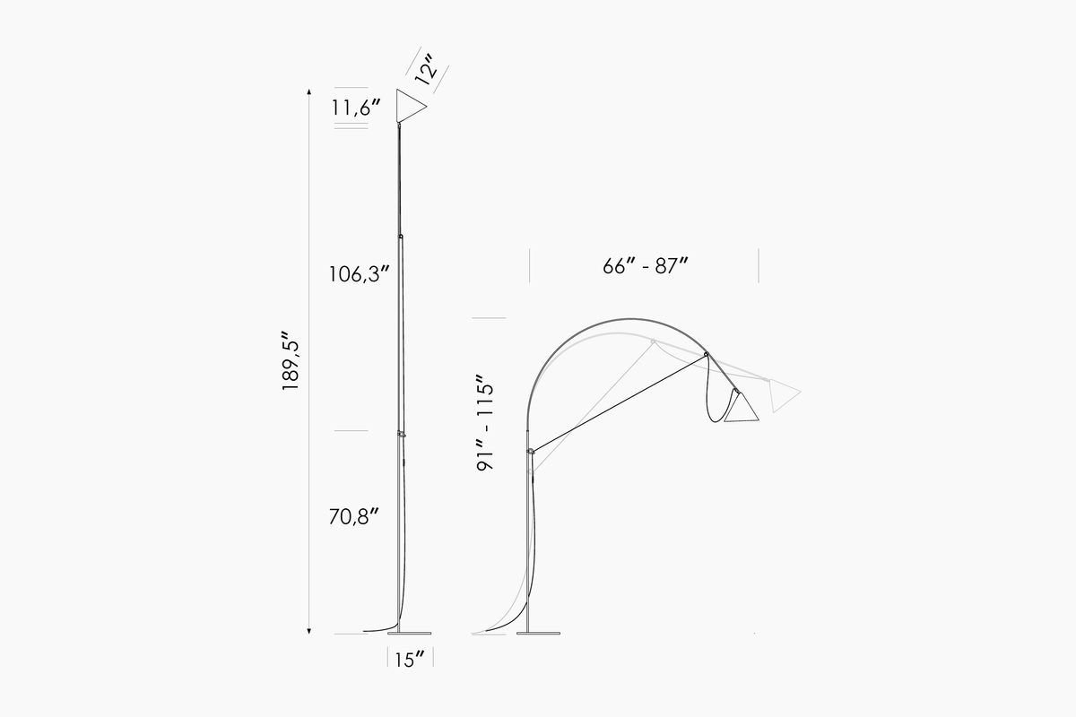 Dimension drawing of the Midgard AYNO XL floor lamp with measurements in inches