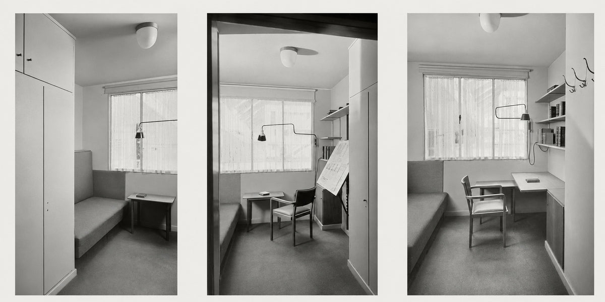 Three historical photographs from the Berlin Building Exhibition 1931 showing the K830 wall lamp by Werner Glasenapp in student rooms by Heinz Rau and Heinrich Schäfer