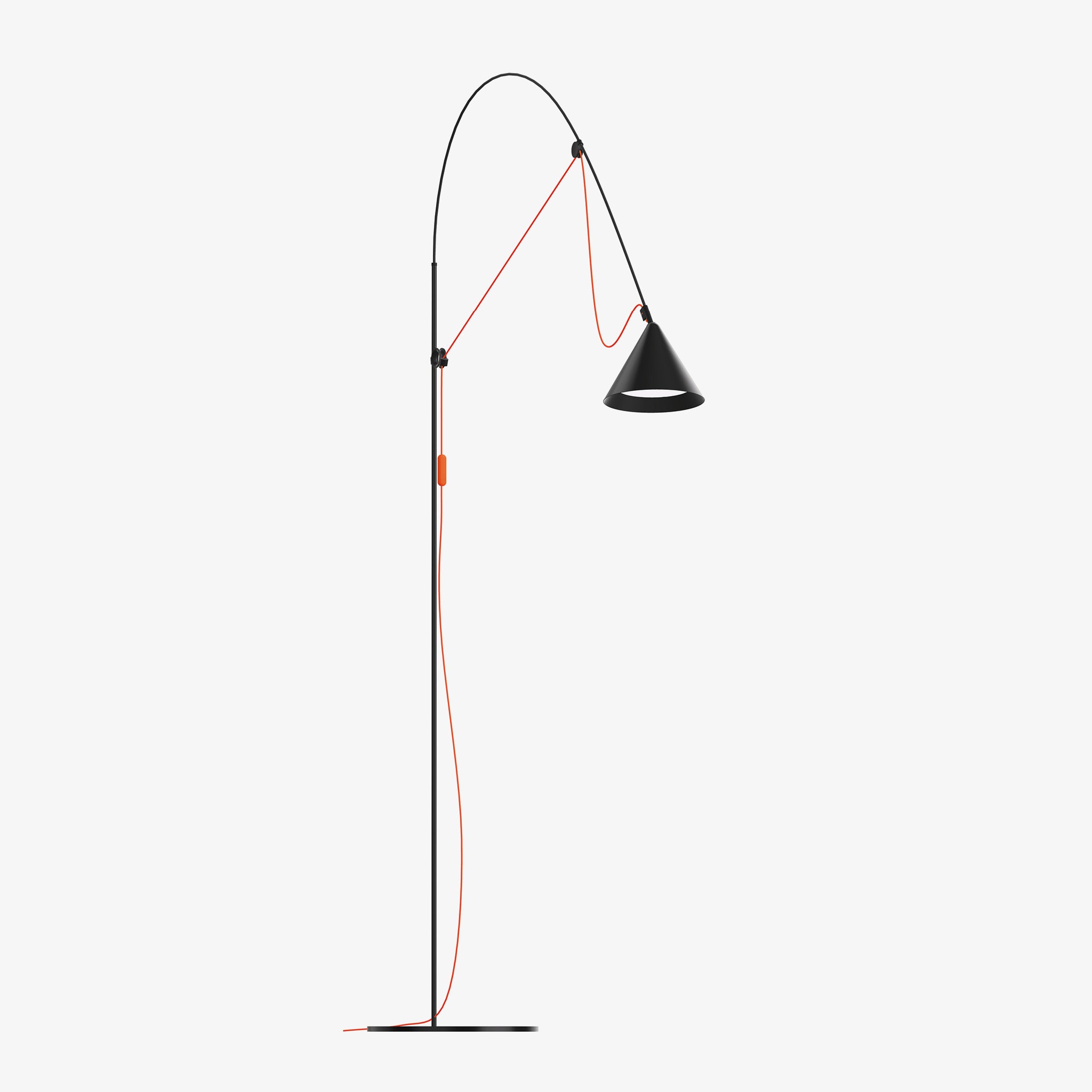 Midgard Ayno L floor lamp in black, with neon ornage textile cable