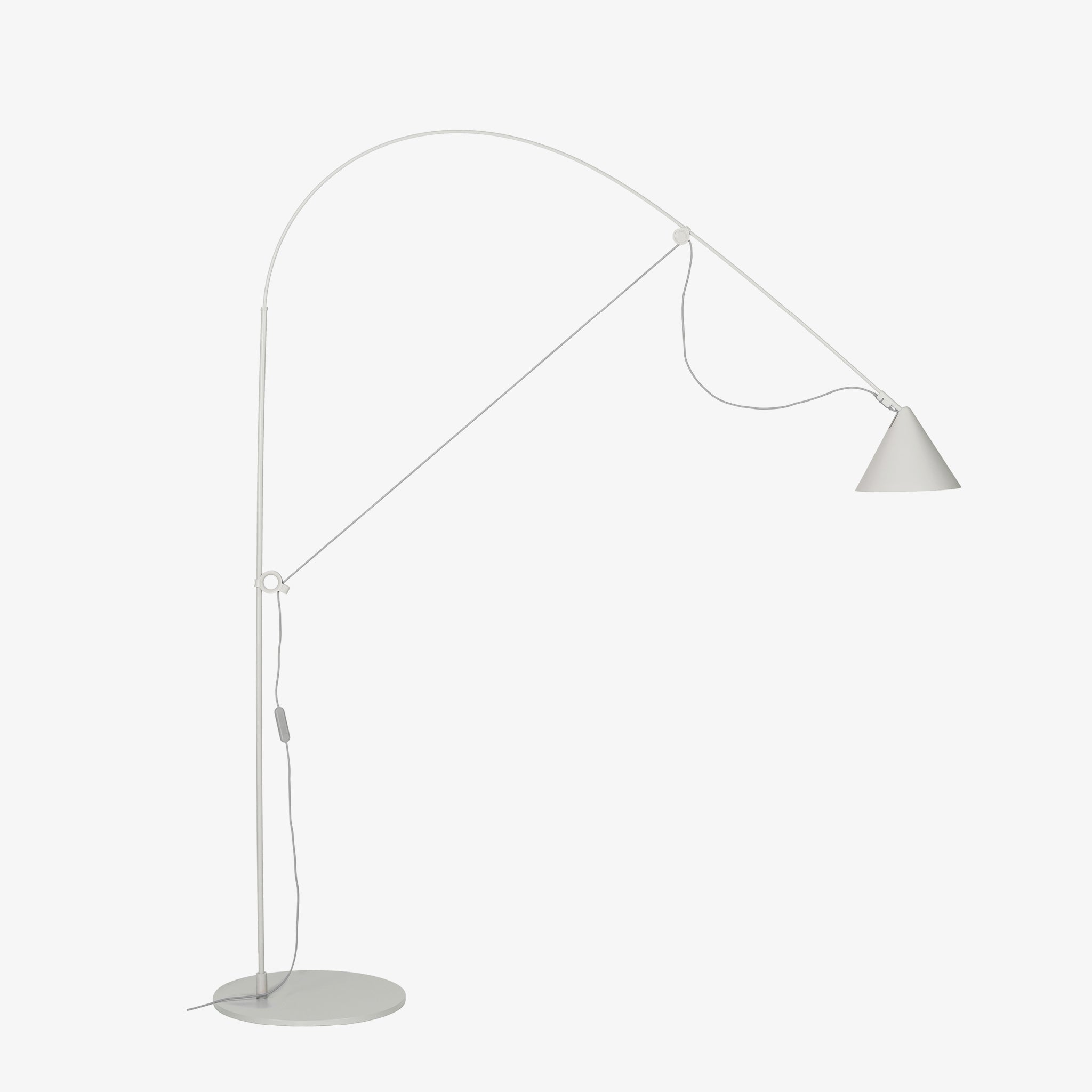 Minimalist tension-arm floor lamp in a light grey finish, ideal for modern interiors
