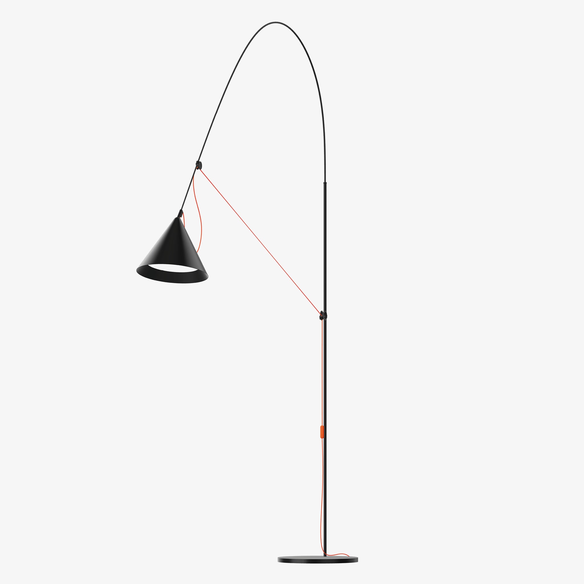 Ayno XL floor lamp by Midgard in black finish with a striking neon ornage textile cable