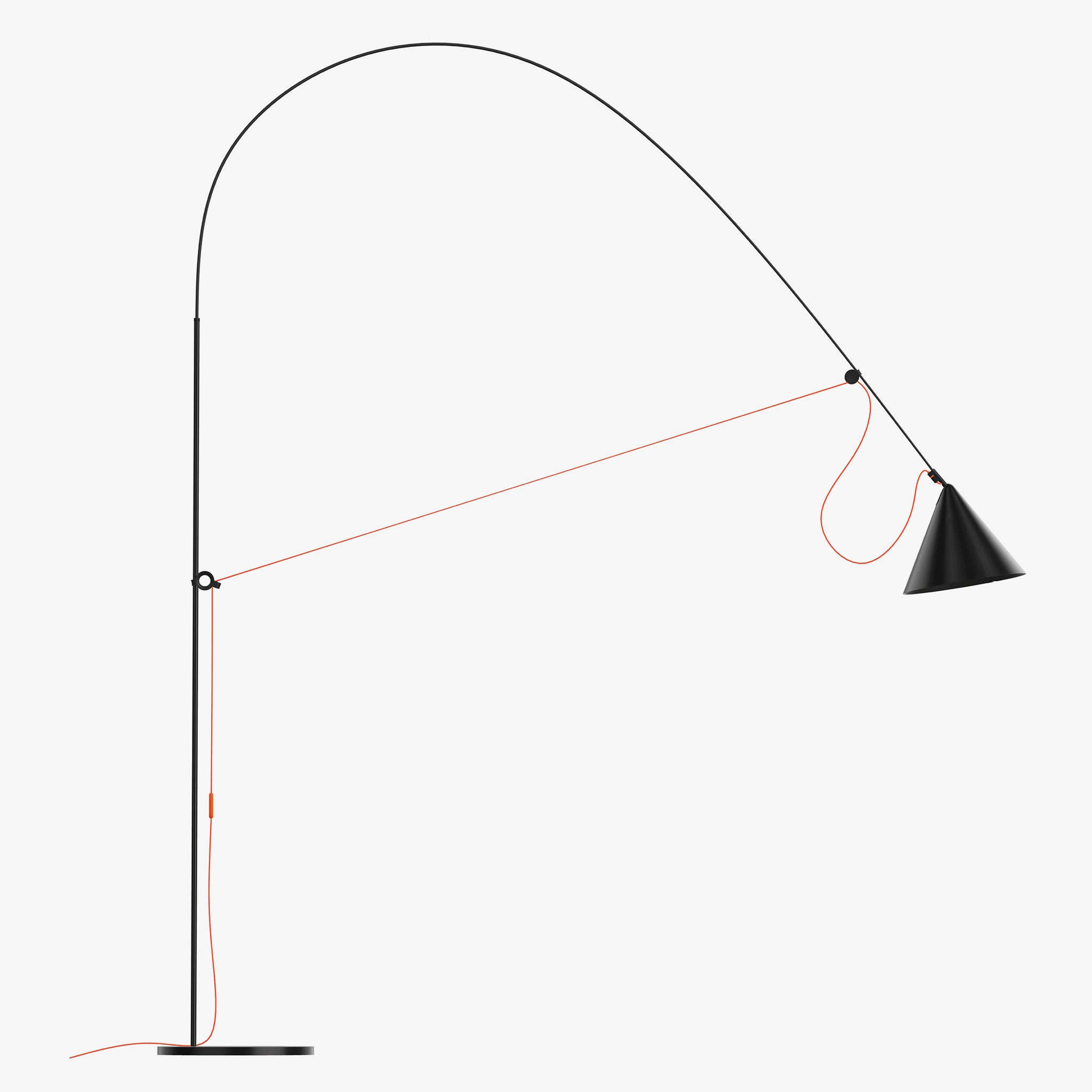 Design-focused arc lamp by Midgard, Ayno XL in black, photographed against white background