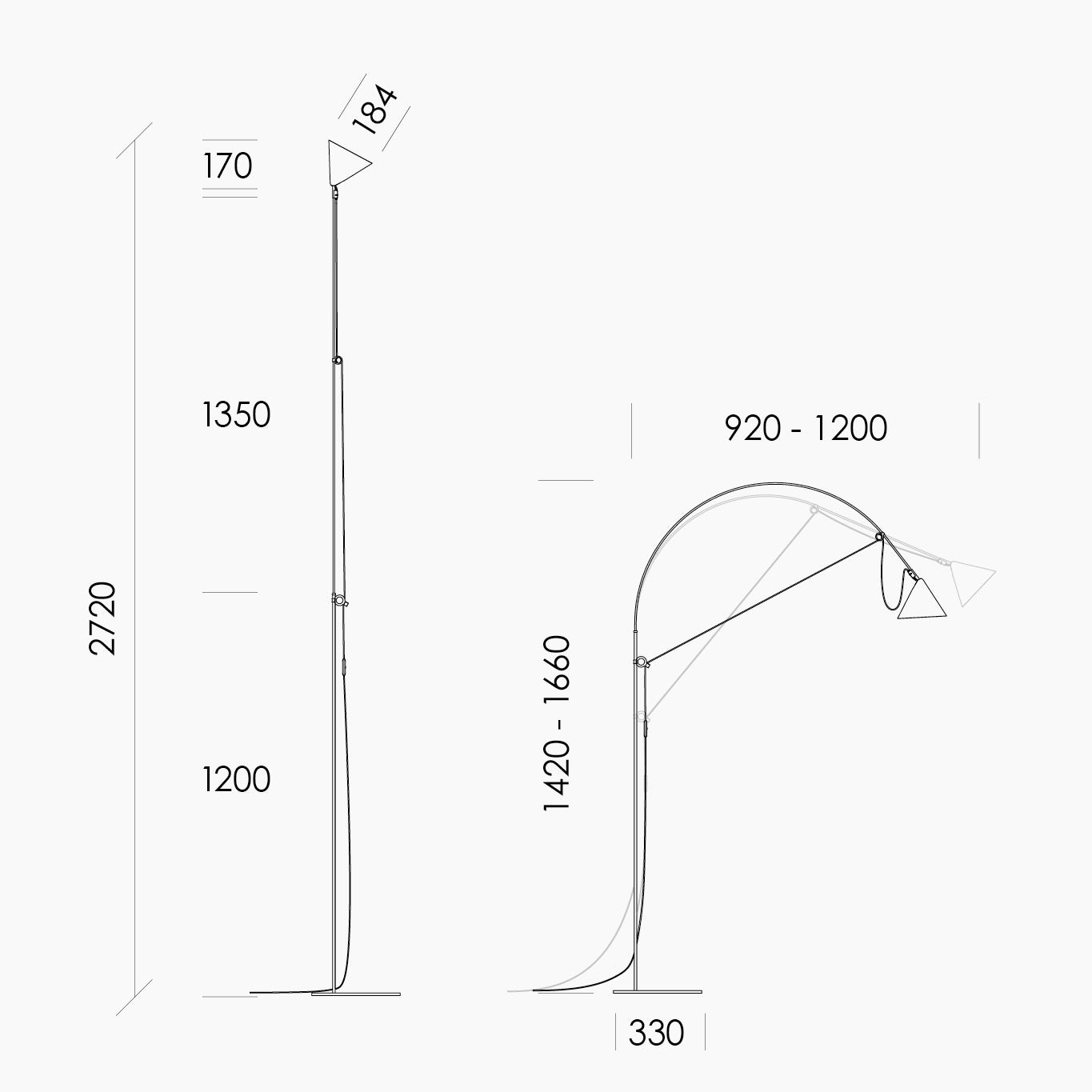 Dmensions of AYNO L floorlamp by Midgard from Diez