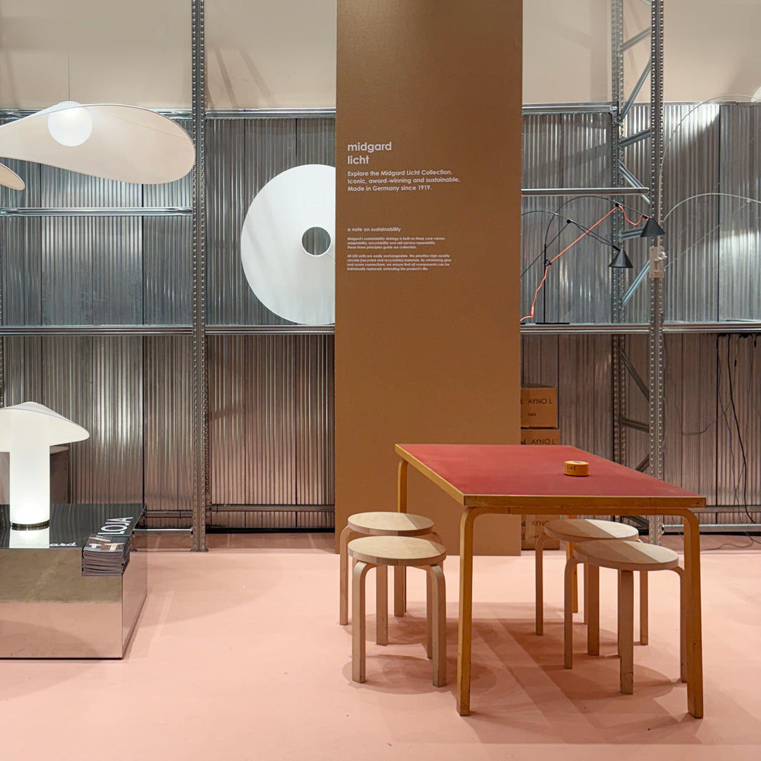 temporary showroom midgard licht and pop-up canteen wit table dot in hamburg showcasing the iconic, award-winning and sutainable midgard licht collection