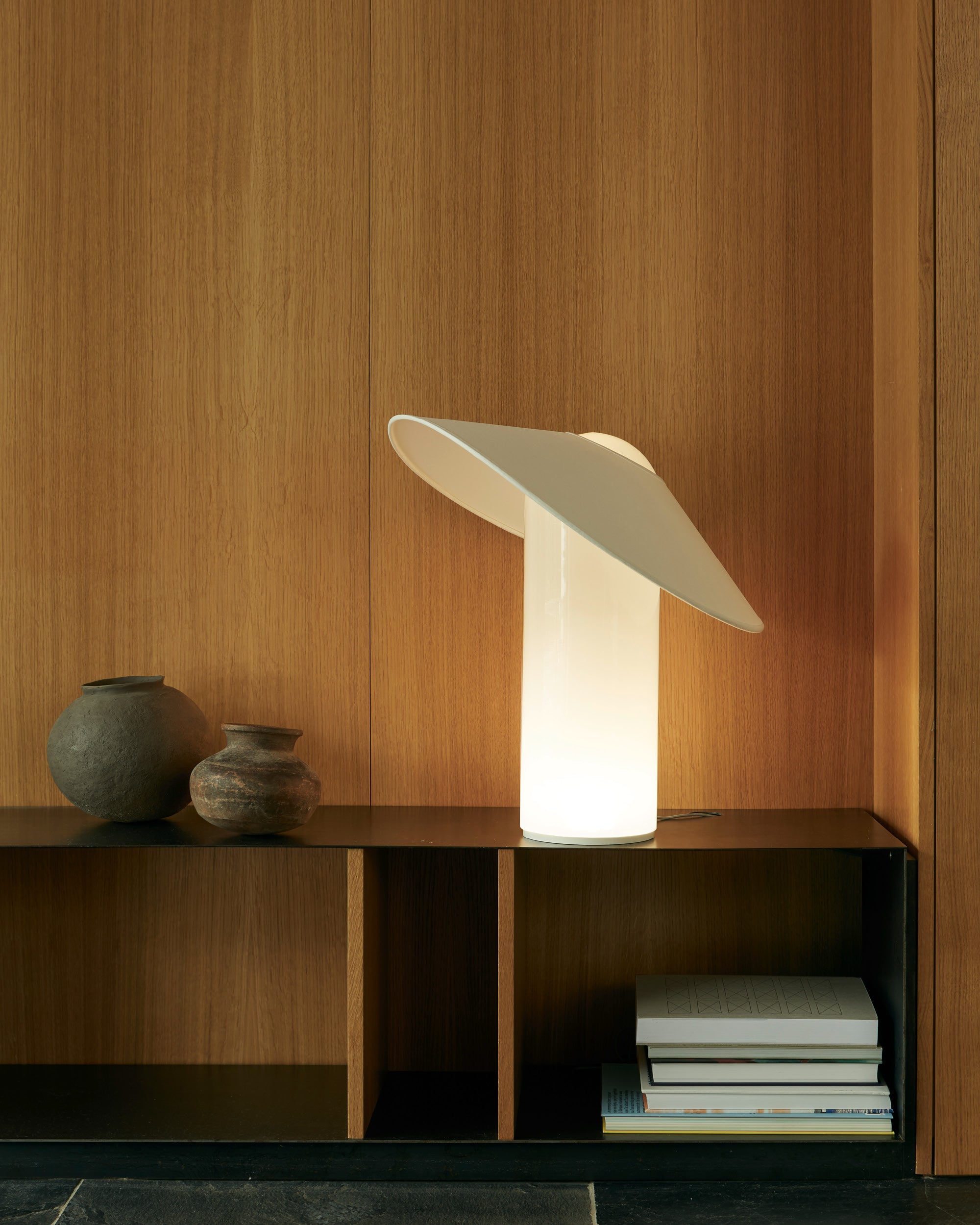 LOJA table lamp by Sebastian Herkner for Midgard, with hand-blown glass body and gently curved paper shade.
