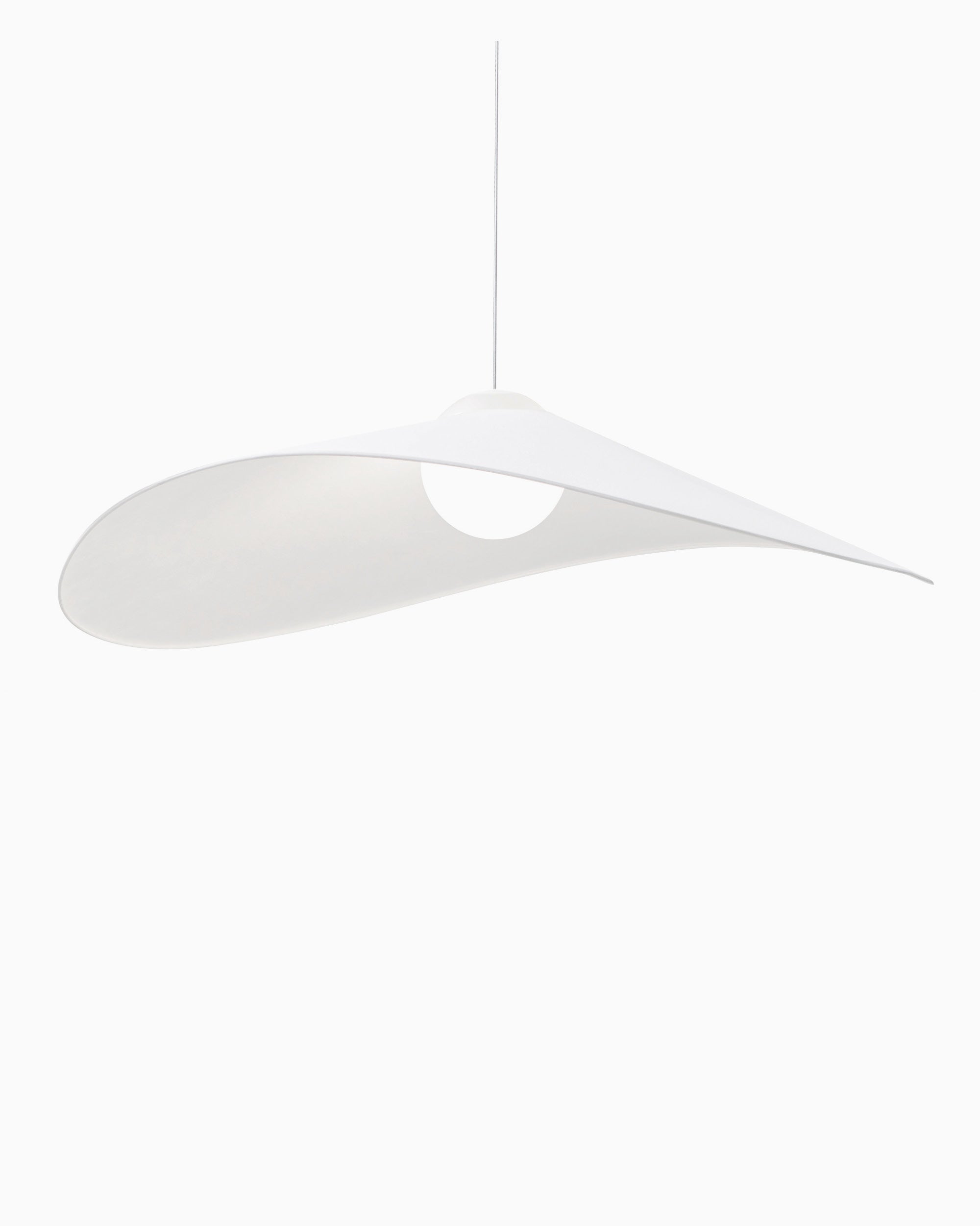LOJA pendant lamp designed by Sebastian Herkner for Midgard, with a sculptural curved paper shade and integrated LED light.