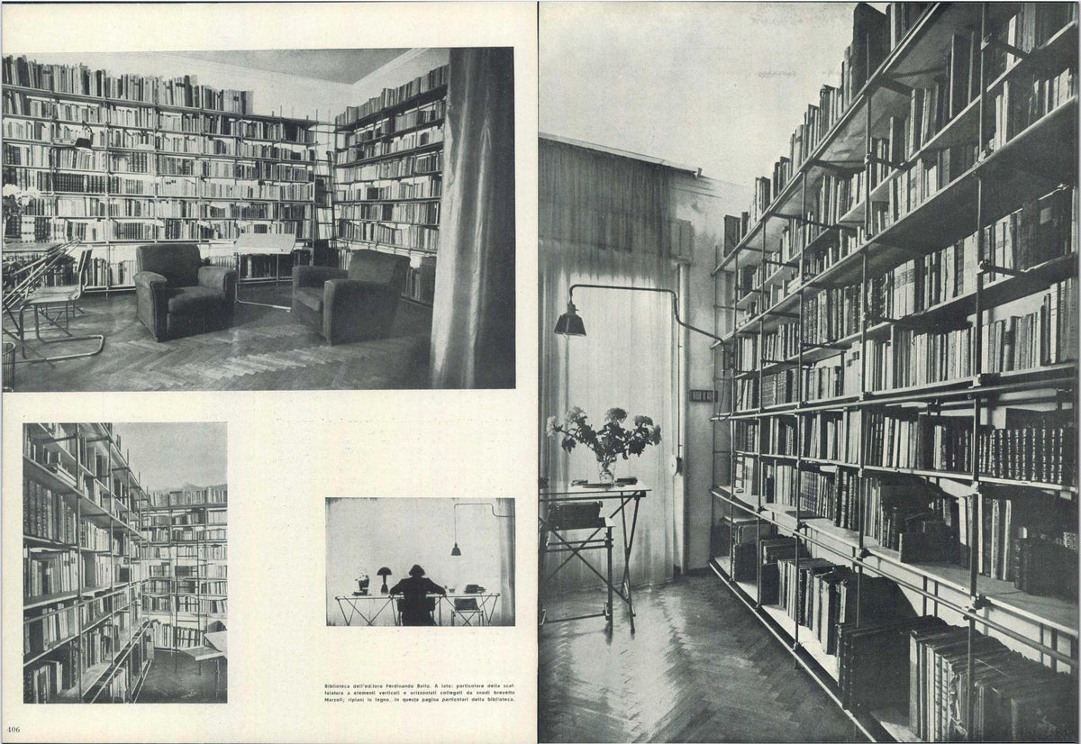 Historical photograph showing K830 wall by Werner Glasenapp illuminating the library of publisher Ferdinando Ballo, co-founder of the Milanese publishing house Rosa e Ballo, featured in Domus No. 203, 1944