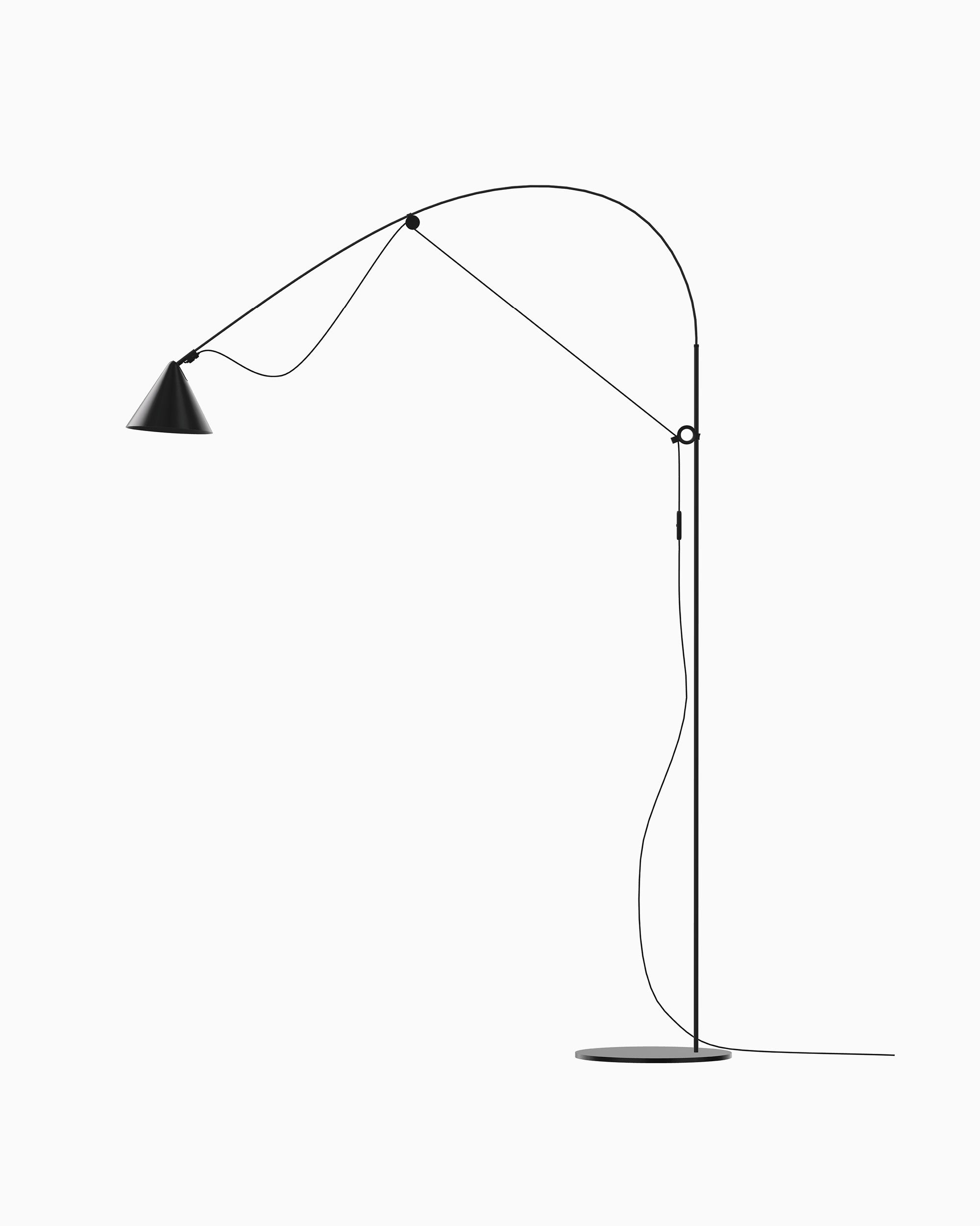 Side view of the Midgard AYNO L adjustable floor lamp in black with black textile cable