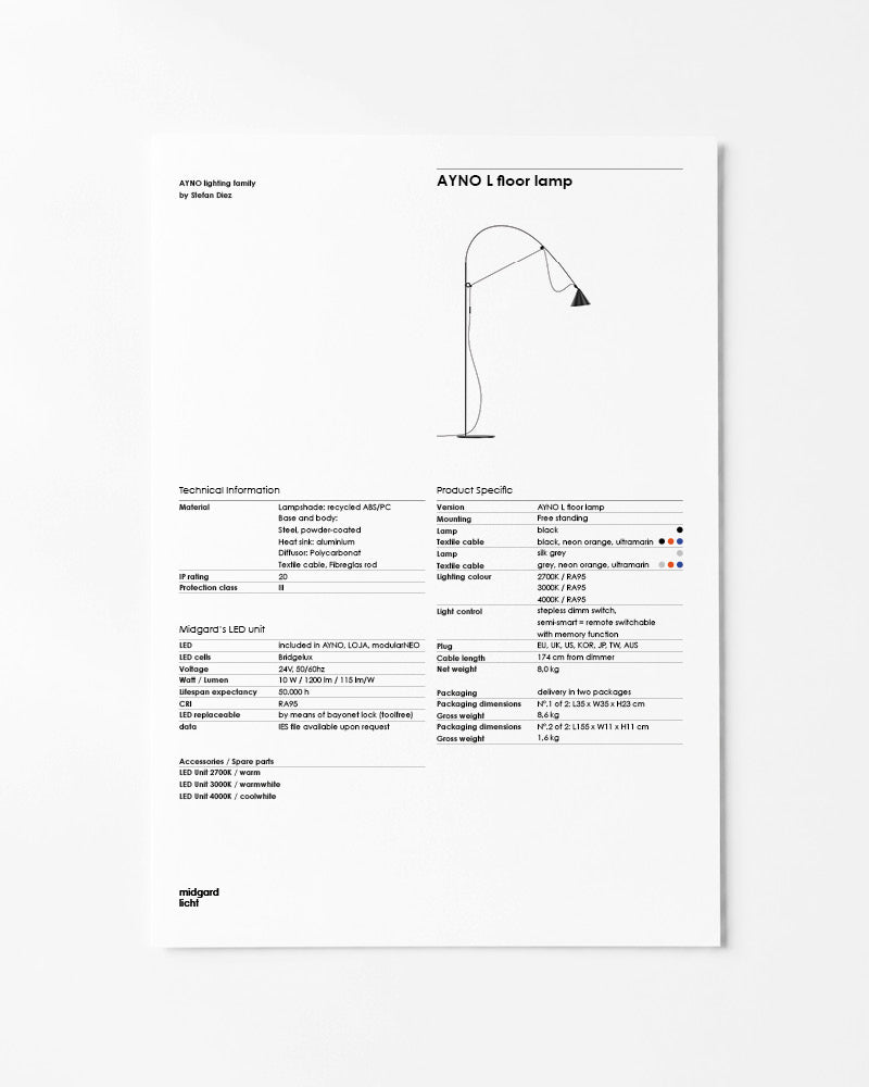 Midgard AYNO L floor lamp factsheet with dimensions and technical specifications