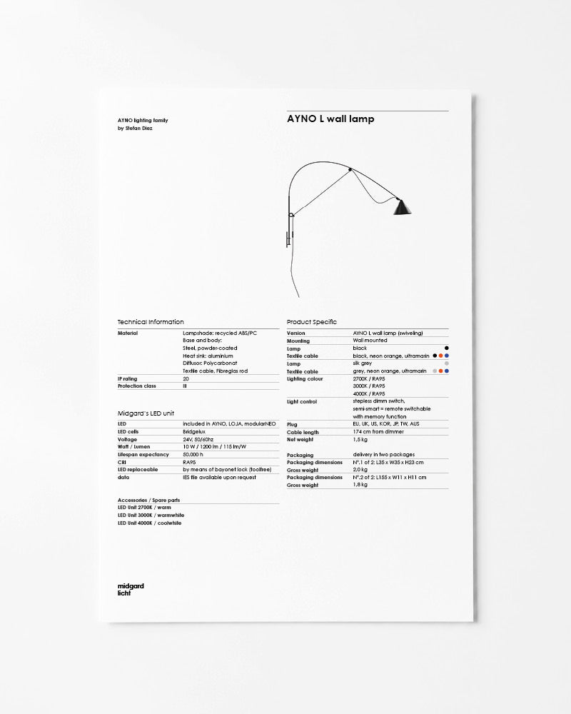 Midgard AYNO L wall lamp factsheet with dimensions and technical specifications