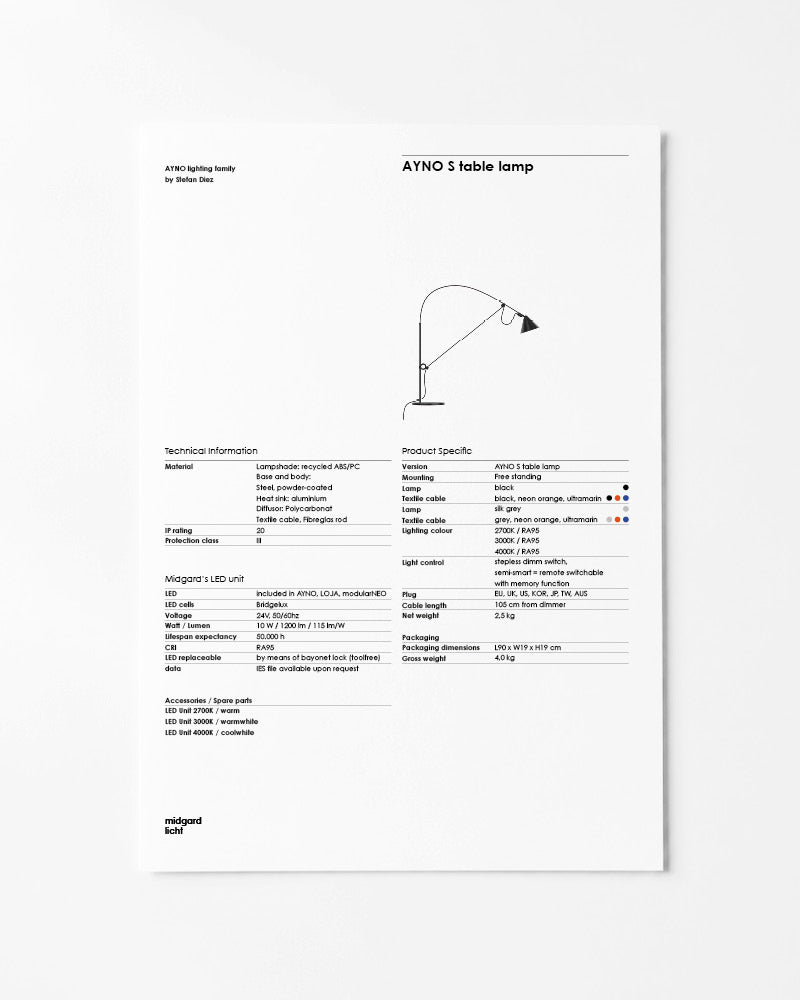 Midgard AYNO S table lamp factsheet with dimensions and technical specifications