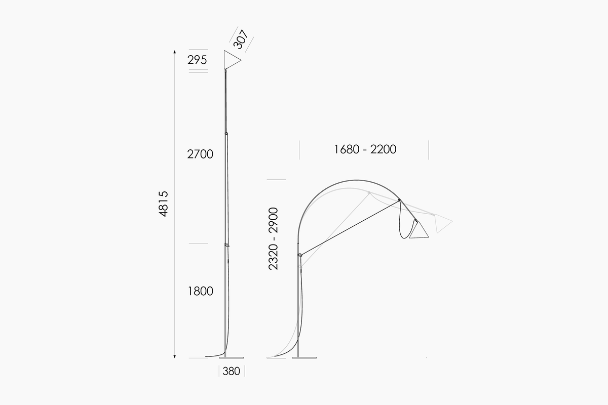 Dimension drawing of the Midgard AYNO XL floor lamp with measurements in millimetres