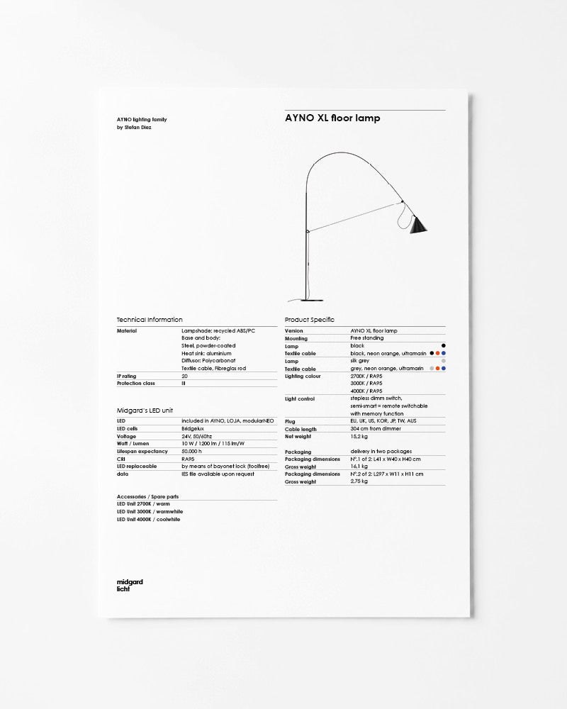 Midgard AYNO XL floor lamp factsheet with dimensions and technical specifications