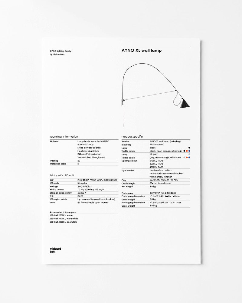 Midgard AYNO XL wall lamp factsheet with dimensions and technical specifications