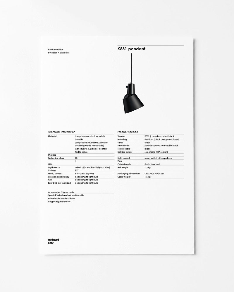 Midgard K831 pendant lamp factsheet with dimensions and technical specifications