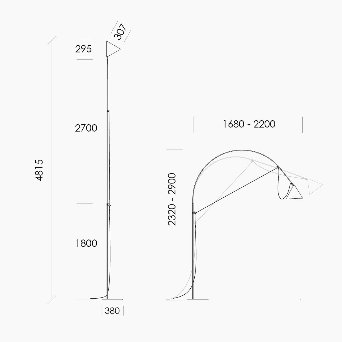 Dimensions of Ayno XL floor lamp from Midgard Licht