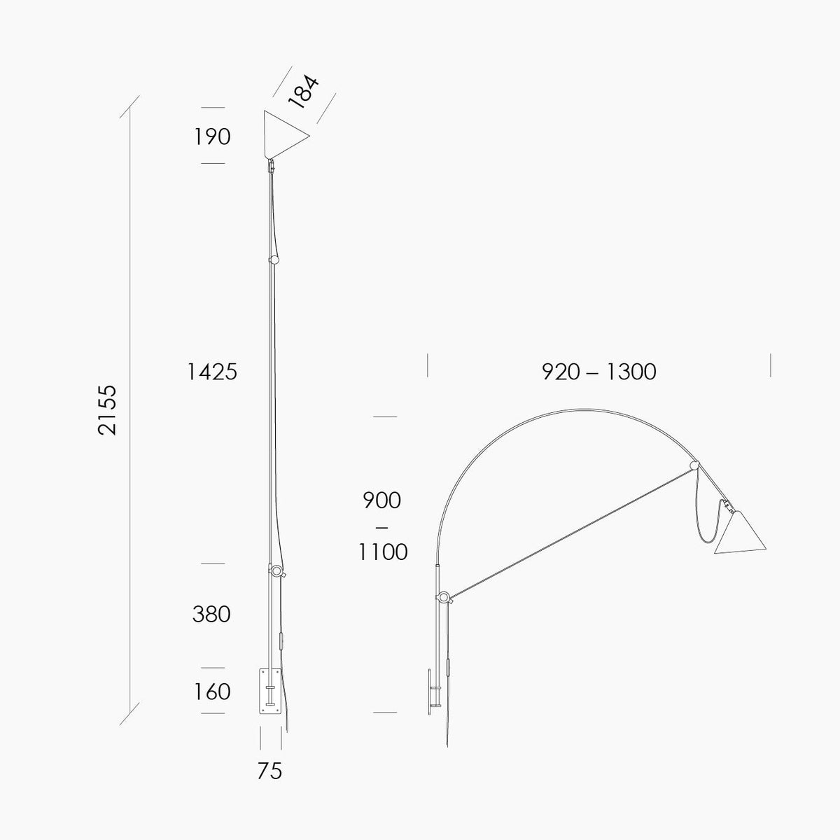 Technical dimensions of AYNO wall L lamp, measurements and specifications in mm