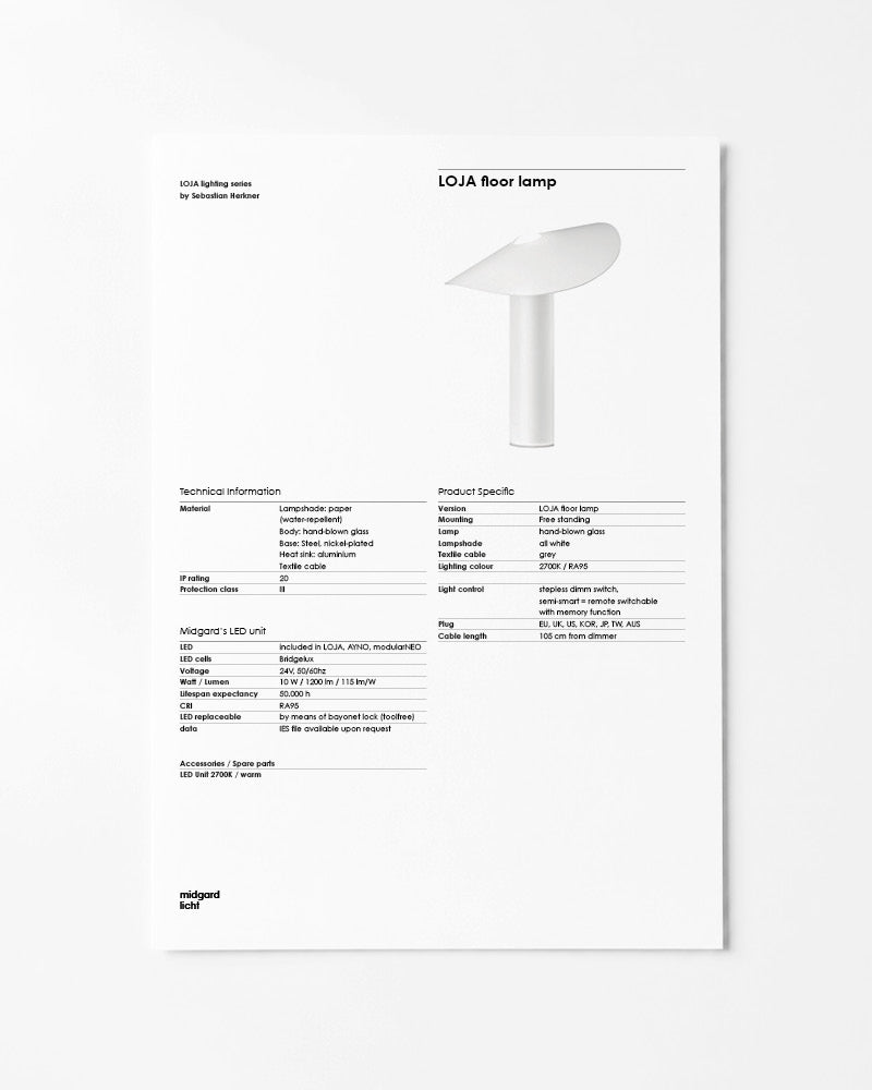Midgard LOJA floor lamp factsheet with dimensions and technical specifications