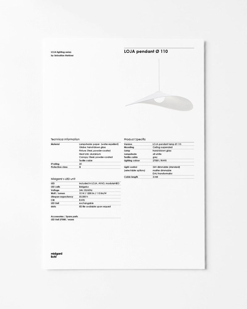 Midgard LOJA pendant lamp Ø 110 cm factsheet with dimensions and technical specifications