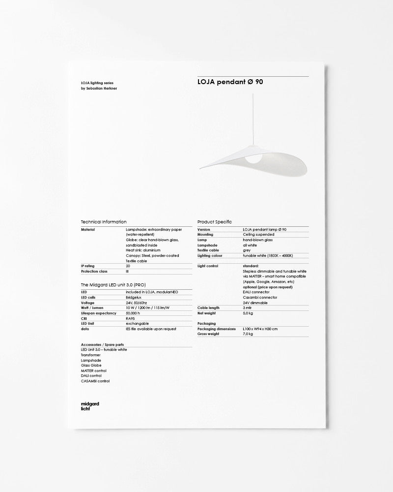 Midgard LOJA pendant lamp Ø 90 cm factsheet with dimensions and technical specifications