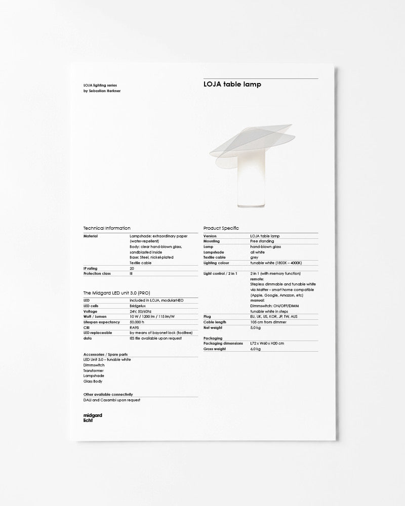 Midgard LOJA table lamp factsheet with dimensions and technical specifications