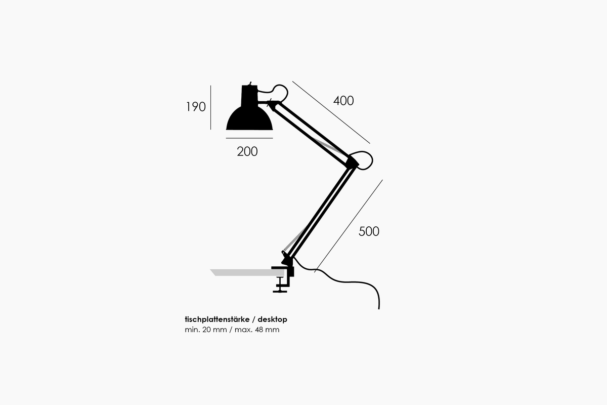 Dimension drawing of the Midgard spring-balanced clamp lamp with measurements in millimetres