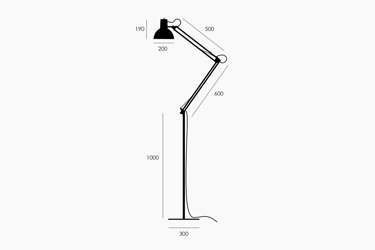 Dimension drawing of the Midgard spring-balanced floor lamp with measurements in millimetres