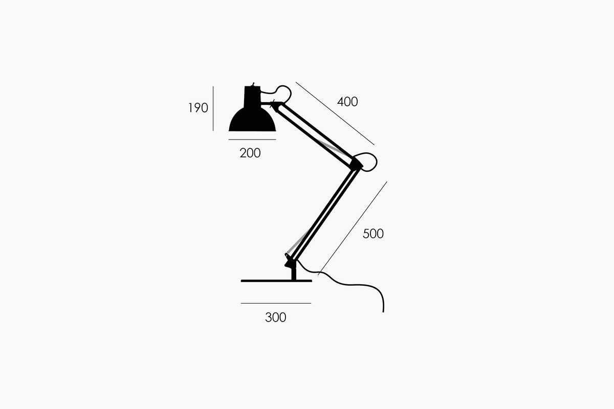 Dimension drawing of the Midgard spring-balanced table lamp with measurements in millimetres