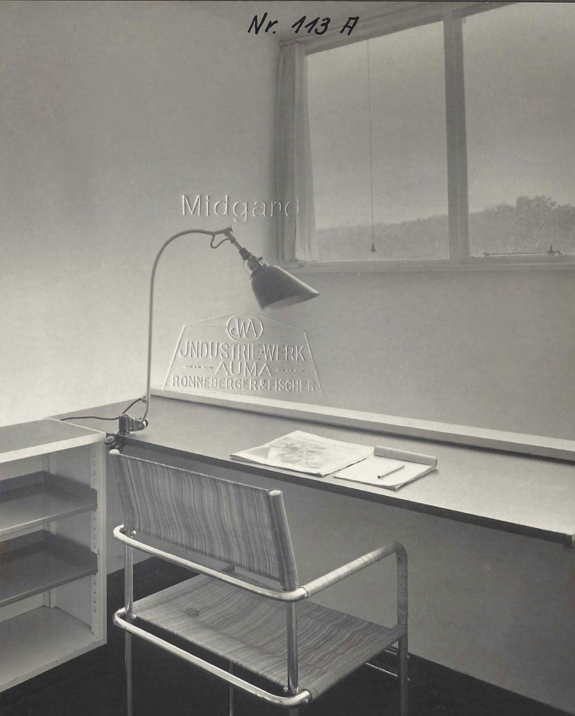 Midgard TYP 113 Bauhaus task lamp used by Marcel Breuer in the Weissenhof Estate in Stuttgart, illustrating the close relationship between Midgard lighting and the Bauhaus movement.